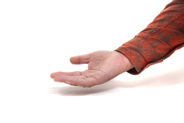 tyhjä mies käsi lähikuva käsite tarkoittaa tarjouksen, pidä tai hoito eristetty valkoisella taustalla
. - Valokuva, kuva
