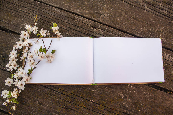 ein offenes Notizbuch mit weißen leeren Seiten liegt auf alten Holzbrettern, auf einer Seite blühen Baumzweige - Foto, Bild