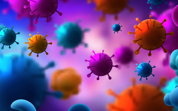 Coronavirus 2019-ncov λοίμωξη της γρίπης 3D ιατρική απεικόνιση. Ιός του κερατοειδούς που επιπλέει σε υγρή μικροσκοπική θέα. Εικονογράφηση διανύσματος - Διάνυσμα, εικόνα