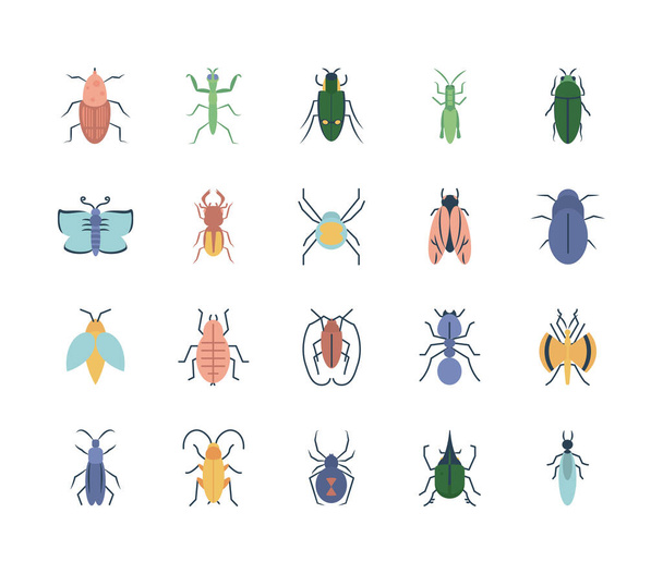 bidsprinkhaan en insectenpictogram set, platte stijl - Vector, afbeelding