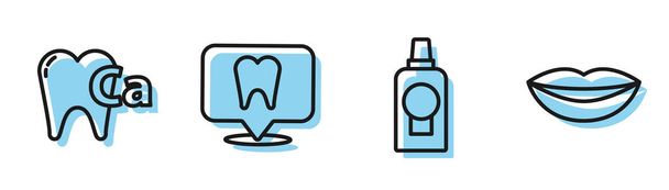 Defina a linha Garrafa de plástico Mouthwash, Cálcio para dente, Localização clínica odontológica e ícone de lábios sorridentes. Vetor
 - Vetor, Imagem