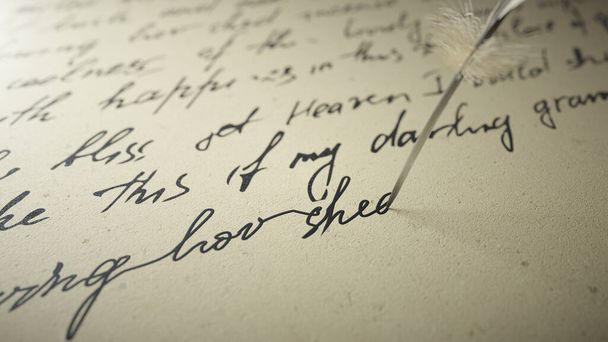 3Dレンダリングインクペンは古い紙に詩を書きます - 写真・画像
