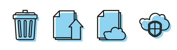 Set line Cloud storage text document, Trash can, Upload file document and Cloud and shield icon. Vector - Vektör, Görsel