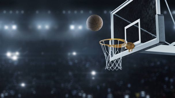 3d renderizar basquete bateu a cesta em câmera lenta no fundo de flashes de câmeras
 - Foto, Imagem