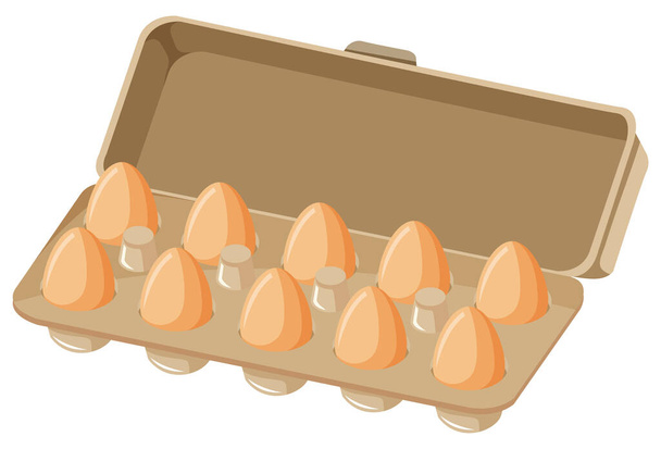 Zehn frische Eier im Papierkarton auf weißem Hintergrund - Vektor, Bild