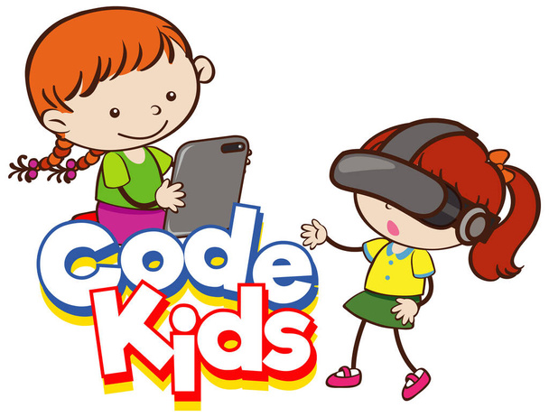 Font design for word code kids with girls and computer illustration - Vector, Image