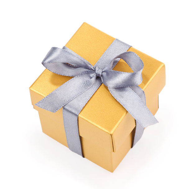 yellow gift box with silwer ribbon - Photo, Image