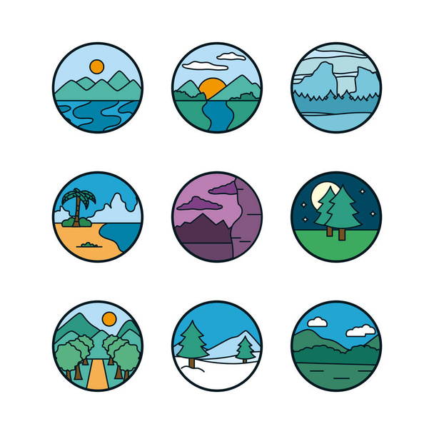 Landscapes line and fill style icon set vector design - Vector, imagen