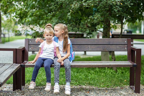 小さな子供2人がベンチで秘密を話す。コンセプトは学校、家族、友情、子供時代に戻ります。. - 写真・画像