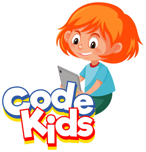 Fontin suunnittelu Word Code lapset tyttö työskentelee tietokoneen kuvitus
 - Vektori, kuva