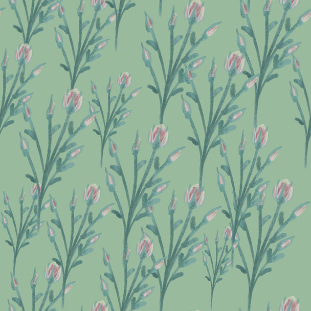 seamless pattern with pink and blue bush roses branches on blue background. Elegant spring print. packaging, wallpaper, textile, fabric design - Valokuva, kuva