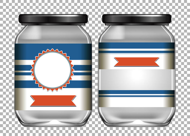Zwei leere Gläser mit blauem Etikett auf transparentem Hintergrund - Vektor, Bild