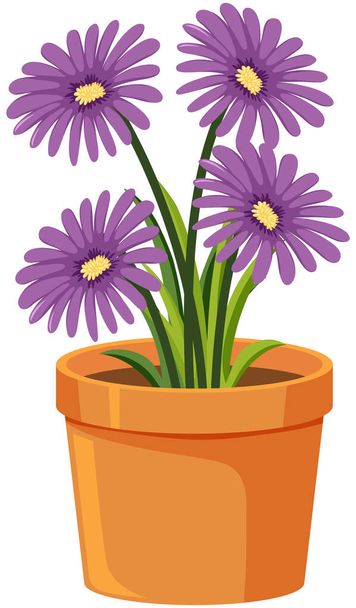 Purple flowers in clay pot on white background illustration - Vector, Image