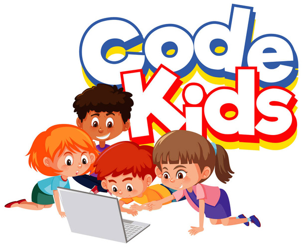 Design de fonte para crianças de código de palavra com crianças trabalhando em ilustração de computador
 - Vetor, Imagem