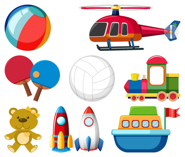 Large set different toys on white background illustration - Vector, Image