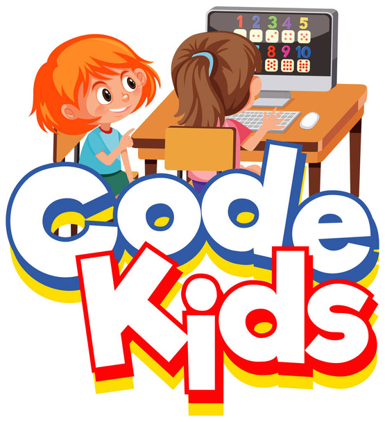 Fontin suunnittelu malli Word Code lapset lasten kanssa tietokoneella kuvitus
 - Vektori, kuva