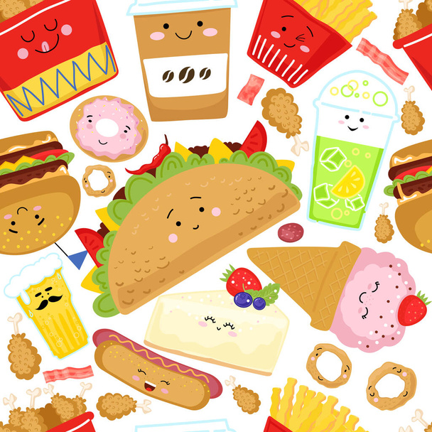 Character fast food seamless pattern for web. Banner, poster concept junk food. - Vector, Image