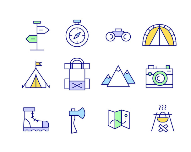 Set of line art travel trekking camping icons - Vector, Image