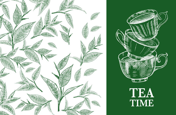 L'heure du thé. Arrière-plan vectoriel avec thé vert. Poignée. - Vecteur, image