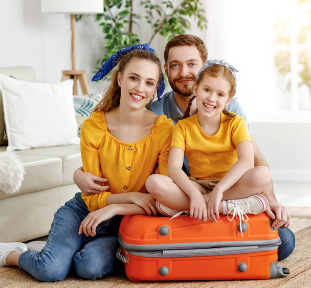 Usmívající se pár s okouzlující holčička sedí na kufru v obývacím pokoji a šťastně se dívá na kameru připraven na letní tri - Fotografie, Obrázek
