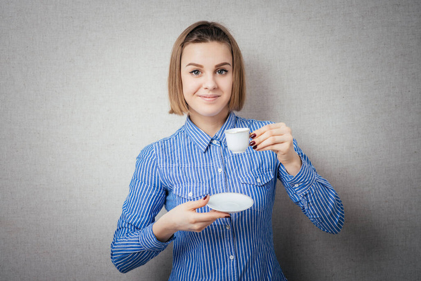 woman drinking coffee cup close up portrait - Foto, Imagem