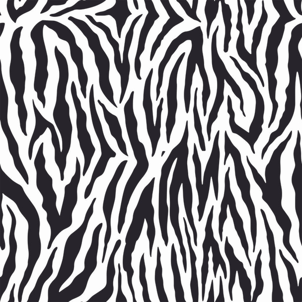 ゼブラと虎の縞動物の皮膚パターンのための完全なシームレスな壁紙。テキスタイルファブリック印刷のための黒と白のデザイン。ファッショナブルで家庭的なデザイン. - ベクター画像