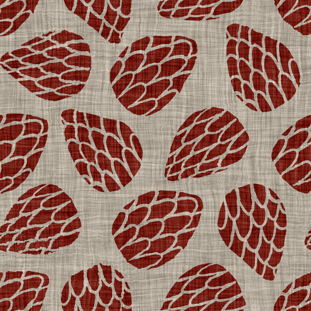 Rood kastanjebruin geweven linnen textuur achtergrond. Ecru grijs bedrukte bloemenvezels naadloos patroon. Biologische traditionele landelijke cottage stijl ruwe stof. Natuurlijke primitieve textiel achtergrond - Foto, afbeelding