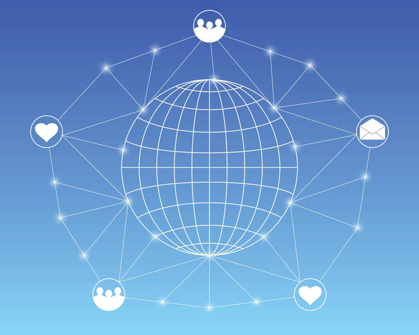 ソーシャルコミュニティネットワークの設計。コミュニティやコミュニケーションツールのアイコンに接続された白いメッシュの地球は、青のグラデーションの背景にあります。ベクターイラストeps10. - ベクター画像