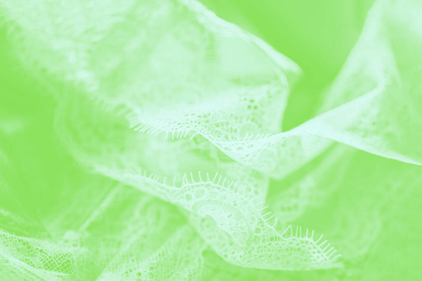 Witte kant lingerie, zachte groene achtergrond. Vloeibaar weefsel - Foto, afbeelding
