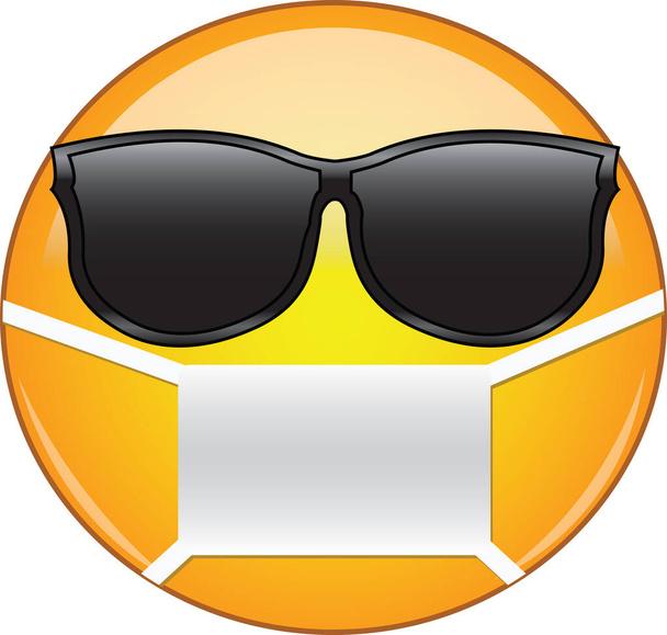 Ωραίο emoticon φορώντας μάσκα. Κίτρινο emoji με γυαλιά ηλίου και μάσκα υγείας για προστασία από μικρόβια, ιούς, ατμοσφαιρική ρύπανση και νέφος. - Διάνυσμα, εικόνα