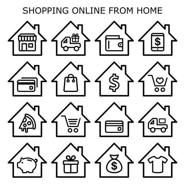 Winkelen online van home vector pictogrammen set, online winkel, retail, take away, eten online bestellen, home delivery design collectie - Vector, afbeelding