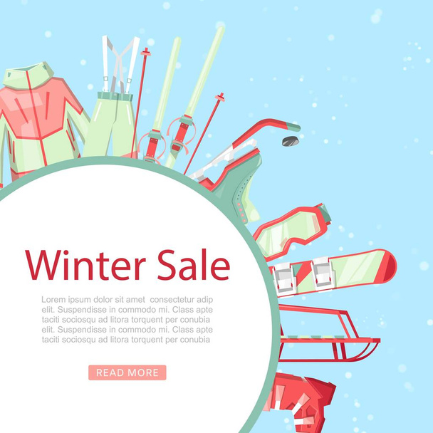 Winter sport sale with ski and snowboard equipment for sale vector illustration. - Vektor, kép