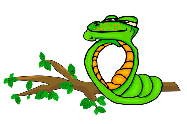 Grüne Schlange isoliert auf weißem Hintergrund. Lustige Schlange sieht verträumt auf einem Ast aus. Spaß Zoo-Grafiken zu entwerfen. Viper Schlange Maskottchen Tier Zeichentrickfigur. Illustration eines Aktienvektors. EPS 10 - Vektor, Bild