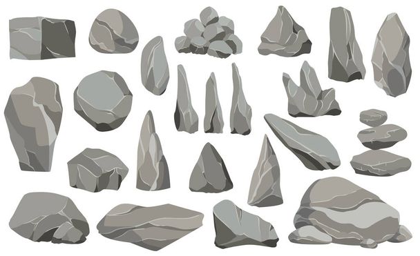 Rocks and stones single or piled for damage and rubble. Large and small stones. Set of flat design icons. Vector illustration for game art architecture design - Vector, Image
