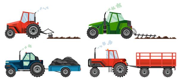 Zestaw, jeśli ciągniki rolnicze uprawia ziemię lub przewozi przyczepę. Ciężkie maszyny rolnicze do transportu pracy w terenie dla gospodarstwa w stylu płaskim. Izolowany styl płaski, ilustracja wektora - Wektor, obraz