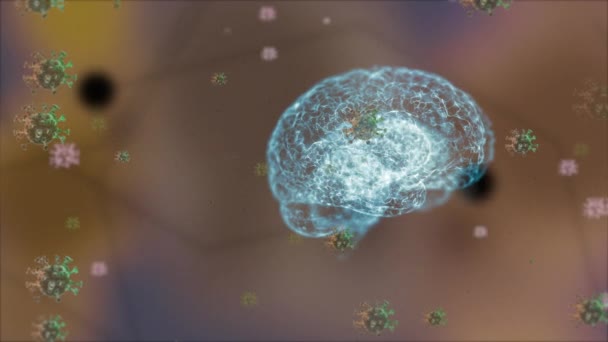 Hastalık beyne yayılıyor. Bulanık arkaplanda yüzen virüslerle çevrili beynin 3D animasyonu. - Video, Çekim