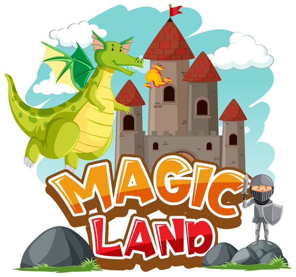 Design de fonte para palavra terra mágica com dragão e cavaleiro ilustração
 - Vetor, Imagem