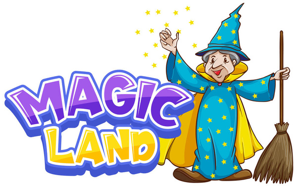 Дизайн шрифту для магічної землі зі старим чарівником та ілюстрацією магічної мітли
 - Вектор, зображення