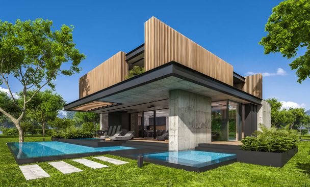 3D-s renderelés modern hangulatos ház parkoló és medence eladó vagy kiadó fa deszka homlokzat és gyönyörű parkosítás a háttérben. Tiszta napos nyári nap kék égbolttal. - Fotó, kép