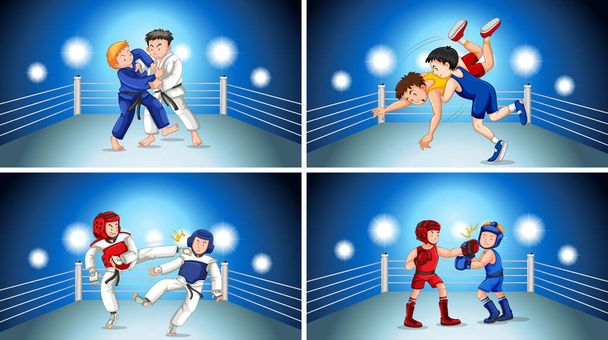 Cuatro escenas con diferentes tipos de ilustración de artes marciales
 - Vector, Imagen