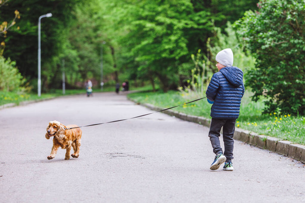 little kid with small brown dog running in city park copy space - Photo, Image