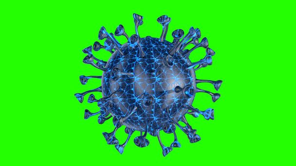 Corona COVID-19 Alert SOS на зеленом экране. Пандемические бактерии патогена представляют медицинский риск для здоровья, в том числе для здоровья, здоровья, вирусологии и миологии. Вирусная клетка микроскопа. 3D иллюстрация
 - Фото, изображение