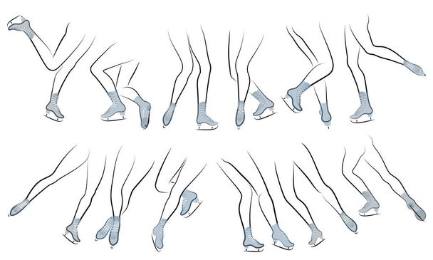 Collection. Silhouette of beautiful slender female legs in skates. Girl gymnast, lady dancing, figure skating. Vector illustration set. - Vector, Image