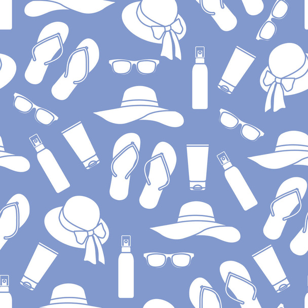 Vector travel seamless pattern Illustration with flip flops, sunscreen, sun hat, sunglasses. Summer time, vacation, holiday, leisure background Concept for travel agency Design wrapping, fabric, print - Vektor, Bild