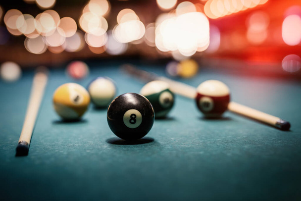 Colorful billiard balls on table close up - Photo, Image