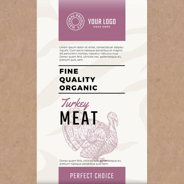 Fine Quality Organic Turcja. Abstrakcyjny projekt opakowania wektorowego mięsa lub etykiety. Nowoczesna typografia i ręcznie rysowana sylwetka indyka. Papier rzemieślniczy z teksturą mięsa Konstrukcja tła - Wektor, obraz