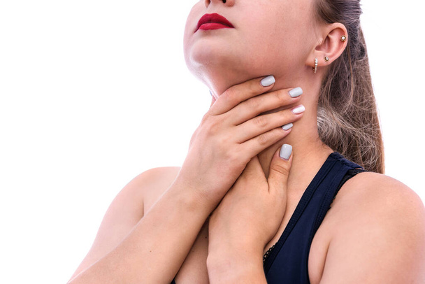 Woman touching her throat isolated on white - Φωτογραφία, εικόνα