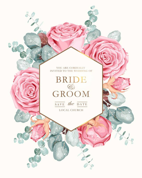 Vector wedding invitation with vintage pink roses - Vektor, obrázek