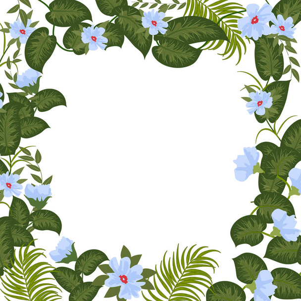 Διάνυσμα τροπικά σύνορα ζούγκλα, πλαίσιο με φοίνικες φύλλα και μπλε λουλούδια σε λευκό φόντο - Διάνυσμα, εικόνα
