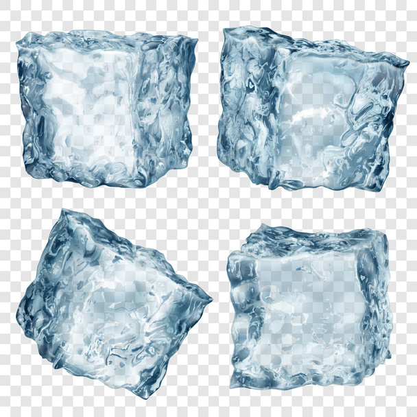 Zestaw czterech realistycznych półprzezroczystych kostek lodu w kolorze jasnoniebieskim odizolowanych na przezroczystym tle. Przejrzystość tylko w formacie wektorowym - Wektor, obraz